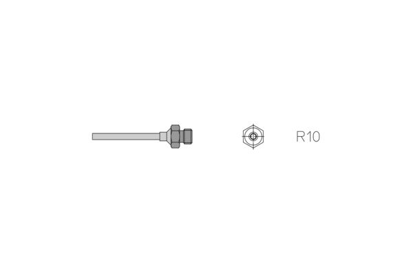 Das Bild zeigt eine technische Zeichnung eines Bauteils: ein zylindrischer Stift mit einer Mutter an einer Seite und einer hexagonalen Basis mit der Kennzeichnung "R10".