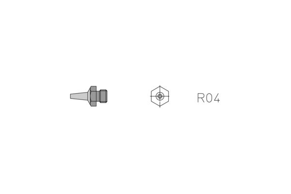 Das Bild zeigt eine technische Zeichnung eines Bauteils. Links ist ein spitz zulaufendes Element mit einem hexagonalen Kopf. Rechts steht die Bezeichnung "R04".