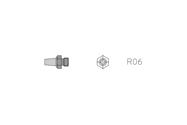 The image displays a technical illustration of a component. On the left, there is a conical element with threading, and on the right, a hexagon labeled "R06".