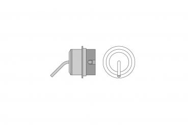 The image shows a schematic connection with a round casing and a hose leading out to the side. Side view and top view are depicted.