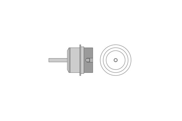 Das Bild zeigt einen technischen Bauteil, vermutlich einen Stecker oder eine Verbindung. Er hat eine zylindrische Form mit einem flachen Ende und einer seitlichen Welle. Das andere Ende ist rund.