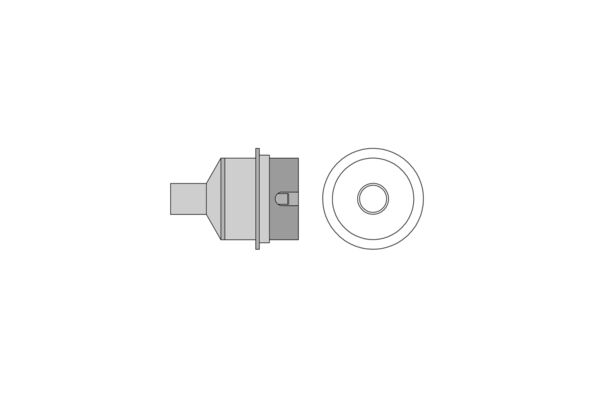 The image shows a technical drawing of a cylindrical object with a rounded top and a flat base. It has a lateral extension and a central opening.