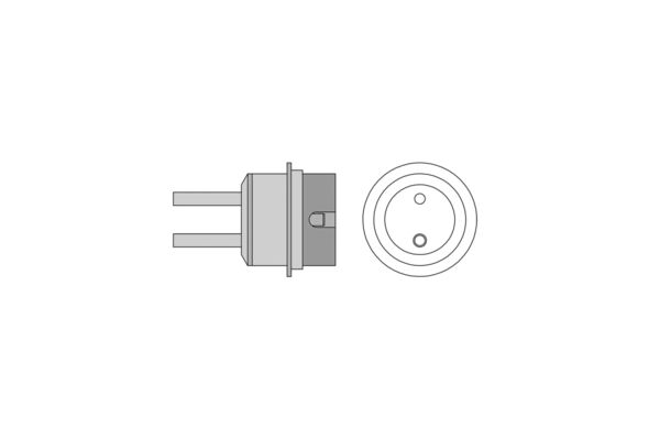 The image shows an electrical plug from the side and a round view. The plug has two pins and a centering feature that provides stability.