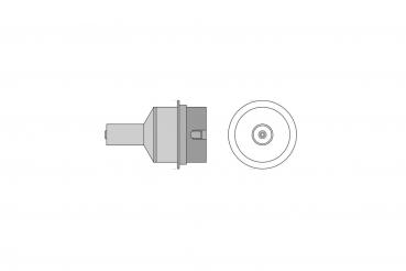 The image displays a technical drawing of a round socket element with a lateral connection. The upper part is flat and features a small plug. The lower part illustrates the round shape with a central hole.