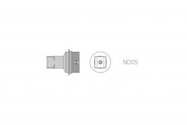 The image displays a technical drawing of a component. On the left is a side view, and on the right a top view with the label "ND05" in the center.