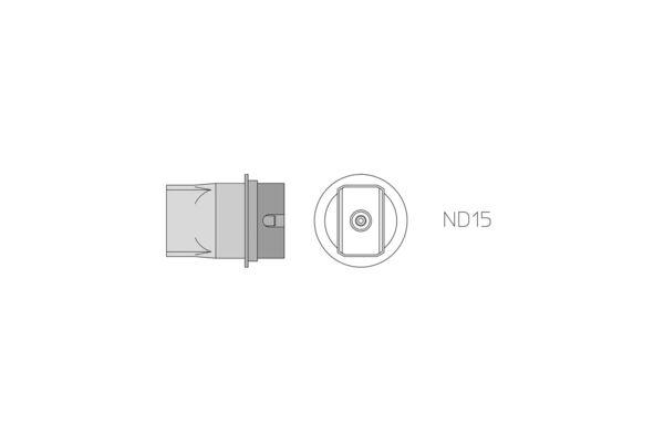 The image displays a technical connection with two views: a side view and a top view. To the right, "ND15" is positioned next to the top view. The connection has a simple, cylindrical shape.