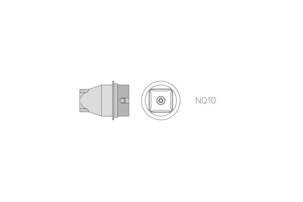 The image displays a technical drawing of an object, likely a tool or machine component, with side and top views. On the right it states "NQ10".