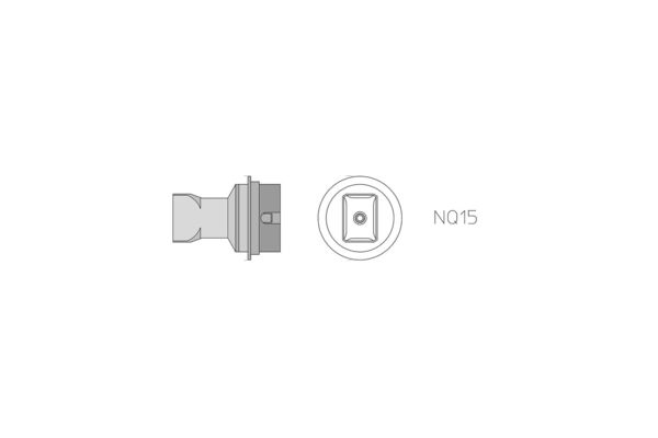 The image shows a technical drawing of a part. On the left is the profile with a narrow opening, and on the right is a round view with a square shape in the center.