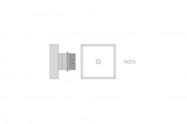 The image shows a technical drawing of a square object with a round center. It has a flat surface and an apparently round attachment part on the side.