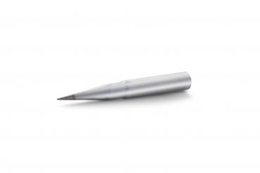 The image shows a silver, pointed writing instrument. It has a slender shape reminiscent of a pencil, and is made of metal. The tip is very narrow and slightly rounded.