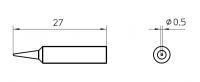 Das Bild zeigt technische Zeichnungen eines Objekts: Links ein länglicher, spitz zulaufender Teil mit einer Länge von 27 mm, rechts die Draufsicht mit einem Durchmesser von 0,5 mm.