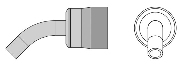 Das Bild zeigt zwei Teile eines Rohsystems. Links ist ein gebogenes Rohr mit einem zylindrischen Ende, rechts ein rundes Auslassventil mit einem inneren Zylinder.