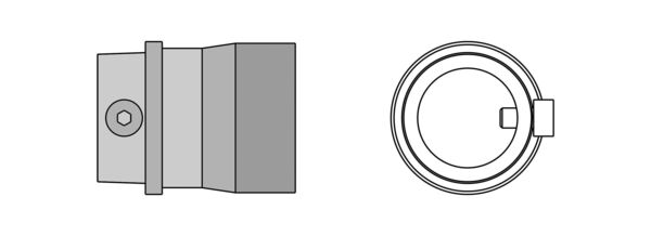 Das Bild zeigt zwei schematische Darstellungen: Links ein quaderförmiges Objekt mit einer Schraube, rechts ein runder, hohler Ring mit einer kleinen Erhebung an der Seite.