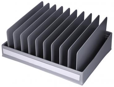 The image shows a gray document holder with multiple compartments. It is rectangular and has a wide base that keeps the upright dividers stable.