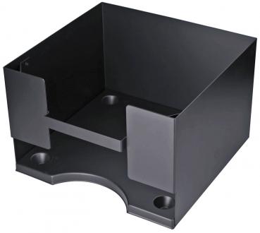 The image shows a square, black container with an open front and a rounded bottom. It has smooth walls and stands stable.