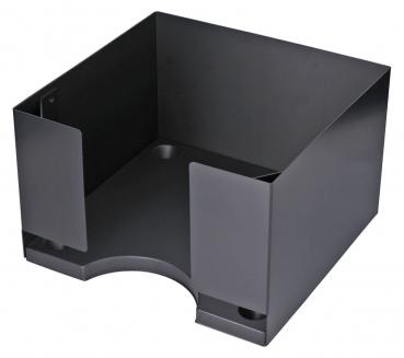 The image shows a square storage container made of black material. It has open sides and a rounded front, allowing easy access.