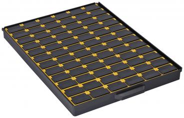 The image shows a flat, rectangular box with many small compartments. The compartments are black and have yellow dividers. The box is suitable for storing small parts.