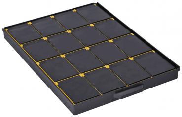 The image displays a flat, rectangular tray with 16 uniform compartments. The compartments are black and bordered by yellow lines, featuring a handle on one side.