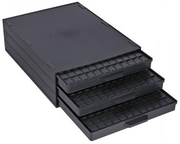 The image shows a black, flat box with three pull-out drawers. Each drawer has a ridged pattern and is the same size, suitable for storing small items.