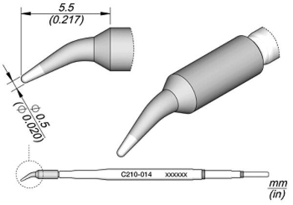 The image displays a technical drawing of a fine tool with two different views. It features a conical tip and is labeled in both millimeters and inches for scale.