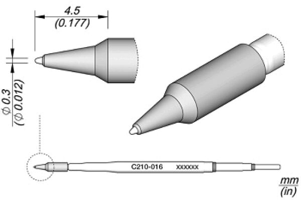 Das Bild zeigt einen Bleistift mit einer spitzen Mine. Oben sind verschiedene Ansichten (seitlich und oben) dargestellt. Dazu sind Maße in Millimeter und Zoll angegeben.