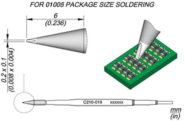 The image shows a technical drawing with a soldering tip, dimensions, and a green circuit board layout with small components. The measurements are provided in both millimeters and inches.