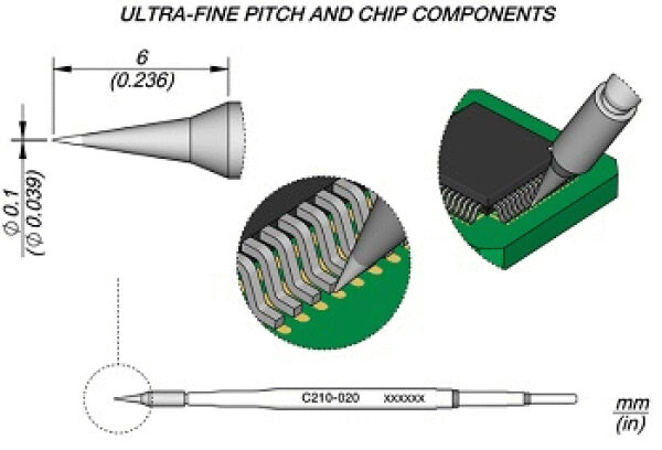 The image displays technical drawings. At the top, there is a pointed tool, below are narrow circuit paths on a board. On the right, a chip with solder connections. Below, a tool with markings.