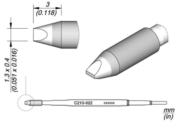 The image displays a technical drawing of a tool with a sharp, conical edge. It includes dimensions and a written code. The shape is cylindrical with a protruding tip.