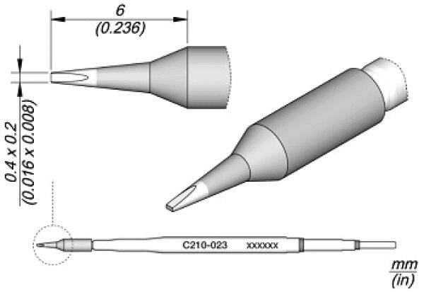 The image displays a technical drawing of a pen. There are several views: a side view, a top view, and a detailed view of the tip. Dimensions are provided.