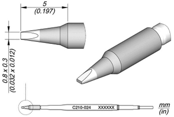 Das Bild zeigt technische Zeichnungen eines Stifts mit konischem Ende. Es enthält Maßangaben und Details zur Form, einschließlich einer Seitenansicht und der Kennzeichnung auf dem Körper.