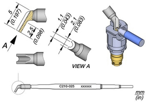 Das Bild zeigt technische Zeichnungen eines Bauteils mit verschiedenen Ansichten und Maßen, einschließlich eines Schlauchanschlusses und einer detaillierten Ansicht des Designs.