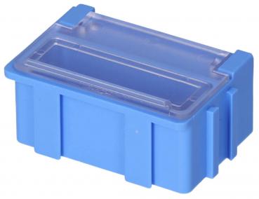 The image shows a small rectangular box in bright blue. It has a transparent lid and is slightly notched on the sides. The box appears sturdy and practical.