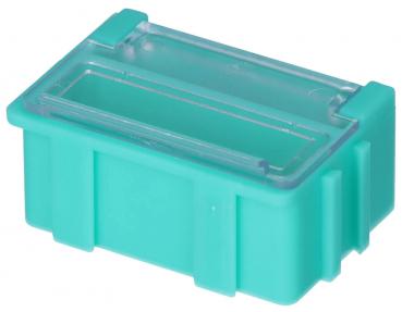 The image shows a small, rectangular box in a bright turquoise. It has a transparent lid and is made of sturdy plastic. The sides are slightly textured.