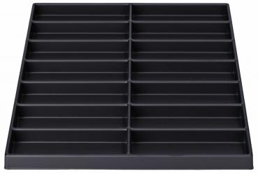 The image shows a flat, black storage box with several narrow compartments. The compartments are evenly arranged and provide space for organized storage of small items.