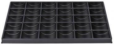 The image shows a rectangular black tray with 36 semi-circular indentations, arranged in a 6 x 6 grid. The indentations are evenly distributed and provide space for small objects.