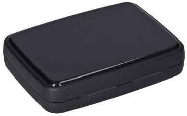 In the picture, there is a rectangular, black box. It has rounded edges and a smooth surface. The box is closed and appears compact.