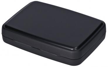 The image shows a black, rectangular box. It has rounded corners, a smooth surface, and a hinged lid. The size is handy, ideal for small items.