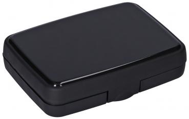 This is a rectangular, flat box in black. It has rounded edges and a simple flap opening. The surface is smooth and glossy.