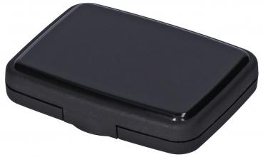 The image displays a rectangular, flat box in matte black. It has rounded edges and a simple surface that is closed and lacks any visible closure.