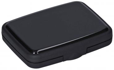 The image displays a rectangular, matte black box with rounded corners. It features a uniform, smooth surface area and a narrow, slight indentation in the center for opening.