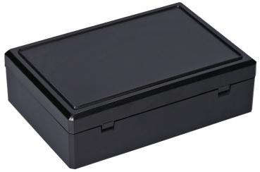 It is a rectangular, black box with a flat lid. The surface is smooth and glossy. The box has a foldable or removable closure mechanism.