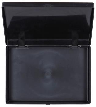 The image shows a black, open box with a flat bottom. The lid is on top and the inside has a smooth, dark surface with a slightly swirling pattern.