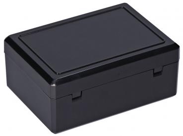 It is a rectangular, flat box made of black plastic. The top is smooth and flat, the edges are slightly rounded. The box has a hinged lid and a sturdy construction.