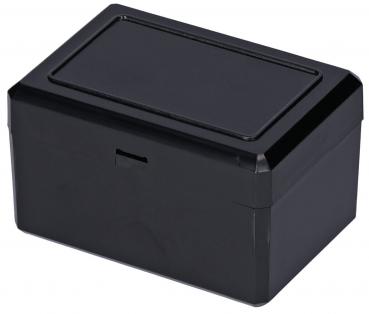 It is a black, rectangular box with a flat lid. The edges are slightly rounded, and a narrow opening at the front allows for the insertion of objects.