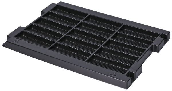 The image shows a rectangular, black plastic tray with ribbed compartments. It is flat and has small elevations at the corners for stability. The compartments are evenly arranged.