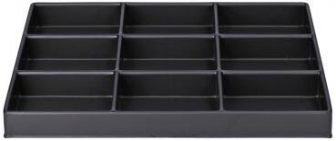 The image shows a black, rectangular storage box with twelve equal-sized compartments. The compartments are arranged in three rows and four columns. The box has a flat, stable shape.