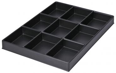 The image shows a black, rectangular storage box with twelve equal compartments. Each compartment is open and serves to organize small items.