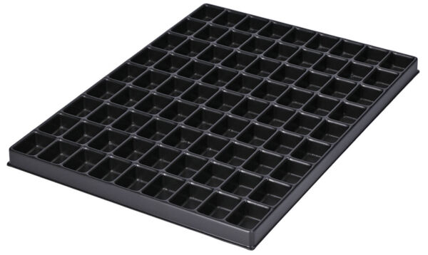 The image shows a rectangular, black tray with many small compartments. There are a total of 56 identical, square compartments, arranged evenly.