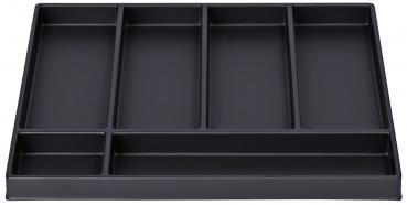 The image displays a rectangular, black drawer insert with multiple compartments. There are a total of six compartments, varying in size, ideal for storing utensils.