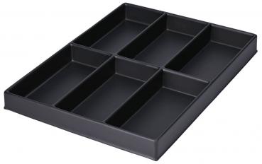 The image shows a rectangular, black organizer with six compartments. It has flat walls and is used for storing small items.